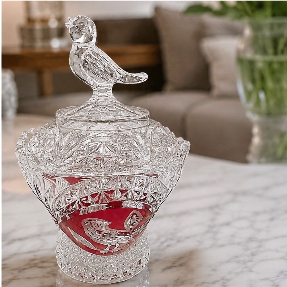 Hofbauer Byrdes Collection Cranberry Crystal Jam Jar Bird Finial Lidded 29-10